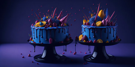 Birthday cake with blue frosting decorated with chocolate candies and berriesの素材