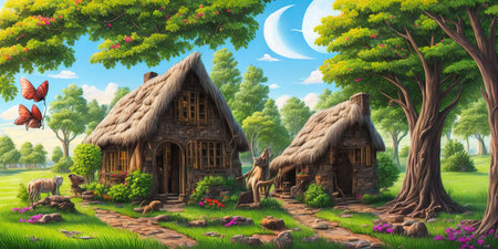 Fantasy landscape with old wooden house in the forest - illustration for childrenの素材