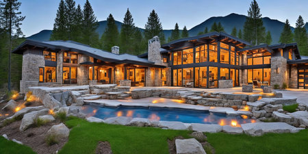 3d rendering of modern cozy chalet with pool and parking for sale or rent. Beautiful forest mountains on background. Massive timber beams columns. Clear summer night with many stars on the sky.の素材