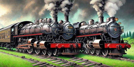 Steam locomotive in the green meadow. 3D illustration.の素材
