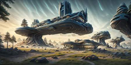 Fantasy alien planet. Flying saucer. 3D illustration.の素材
