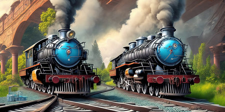 Steam locomotive in the steampunk style. 3d illustration.の素材