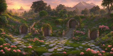 3D rendering of a fantasy garden in the middle of a mountainの素材