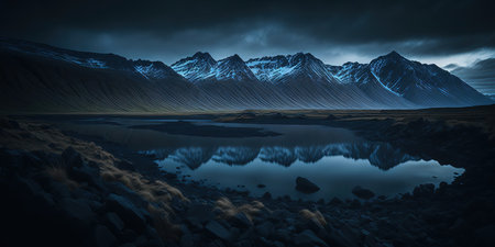 Beautiful landscape of Iceland with mountain lake and reflection in water.の素材
