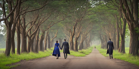 Rear view of a couple walking on a road through the treesの素材