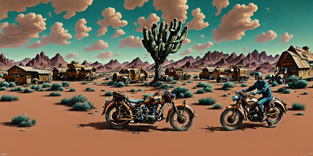 Bikers in the desert - 3D illustration. Vintage style.の素材
