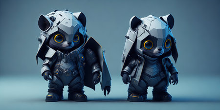 3d rendering of two robot characters isolated on blue studio background.の素材