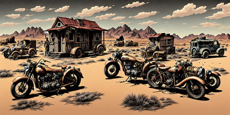 Vintage Motorcycle in the desert. 3D illustration. Retro style.の素材