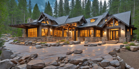 3d rendering of modern cozy chalet with pool and parking for sale or rent. Mountain forest on background. Massive timber beams columns. Clear summer evening with golden sunlight.の素材