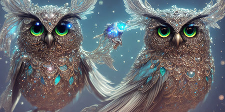 Two owls with green eyes. 3D illustration. 3D rendering.の素材