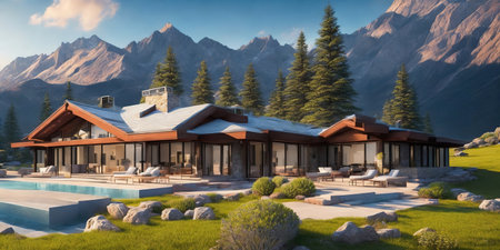 3d rendering of modern cozy chalet with pool and parking for sale or rent. Massive mountains on background. Massive timber beams columns. Clear summer evening with golden sunlight.の素材