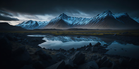Fantasy landscape with mountains and lake. 3D Rendering.の素材