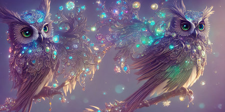 Two beautiful owls with multicolored bokeh lights.の素材