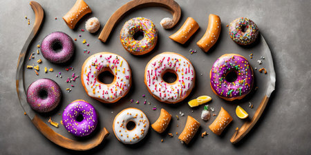 Donuts with glaze and sprinkles on a dark background.の素材