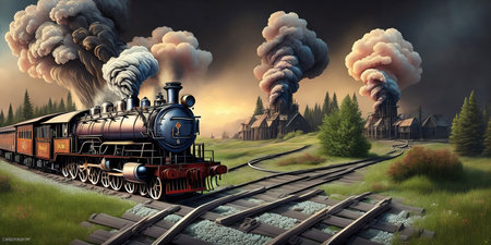 Vintage steam locomotive with smoke in the sky. 3d illustrationの素材