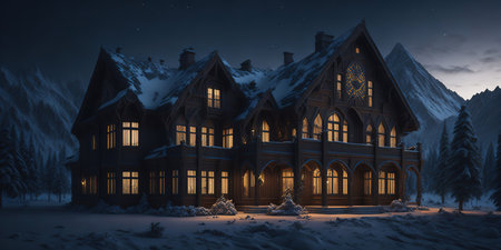 Beautiful wooden house in the winter forest. 3D rendering.の素材