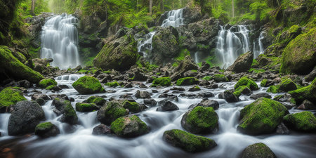Long exposure of a waterfall flowing through a green forest with mossy rocksの素材