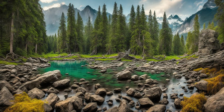 Panorama of a beautiful mountain lake in the middle of the forestの素材