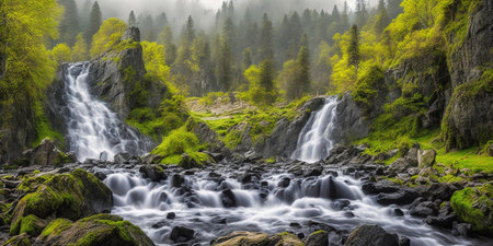 Panoramic view of the waterfall in the Carpathian mountainsの素材