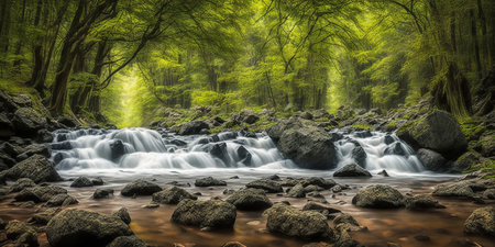 Long exposure of a waterfall flowing over rocks in a green forest.の素材