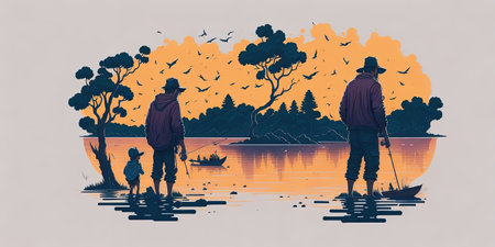 Silhouette of family walking on the lake. Vector illustration.の素材