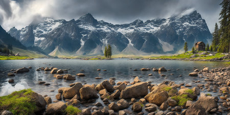 Fantastic panoramic view of the mountain lake. Dramatic overcast sky.の素材