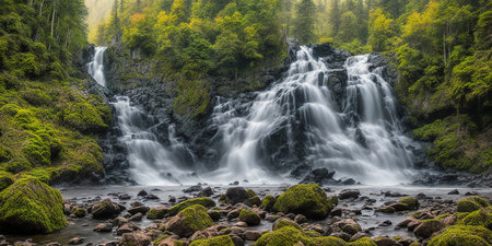 Waterfall in the forest. Panoramic view of a waterfall in the forest.の素材