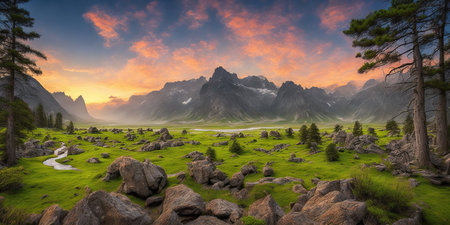Panoramic view of Dolomites mountains at sunrise, Italyの素材