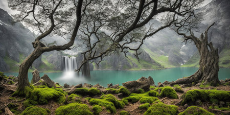 Fantasy landscape with waterfalls and green moss. 3d renderの素材