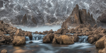 Fantasy alien planet. Mountain with a waterfall. 3D illustrationの素材