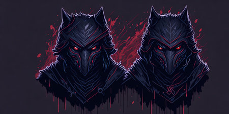 Two wolf heads with red blood splashes on dark background. Vector illustration.の素材