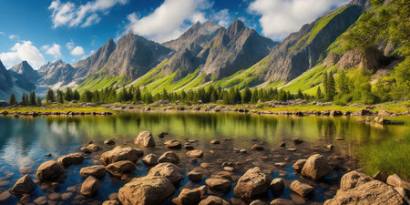 Panoramic view of the mountain lake. Beautiful summer landscape.の素材