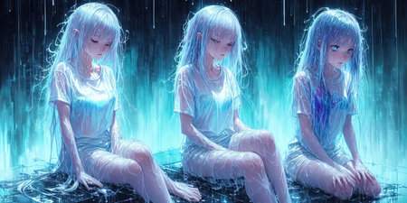 3d rendering of a beautiful girl sitting on the floor in the rainの素材