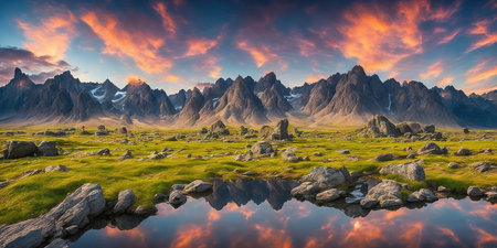 Fantasy alien planet. Mountain with lake. 3D illustration.の素材