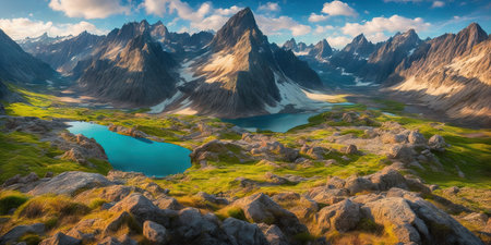 Fantasy alien planet. Mountain lake. 3D rendering illustration.の素材