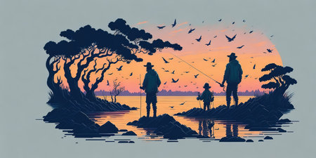 Silhouette of family fishing on the lake. Vector illustration.の素材