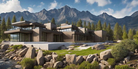 3d rendering of modern cozy house on the hill with garage for sale or rent with beautiful landscaping on background. Clear sunny summer day with blue sky.の素材