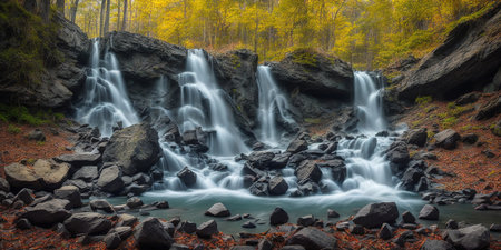Waterfall in autumn forest. Beautiful landscape with a waterfall in the forest.の素材