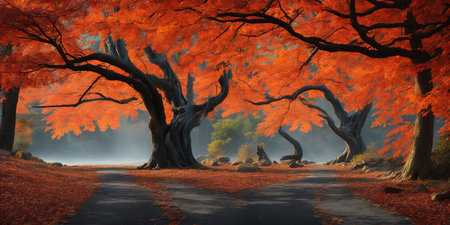 Fantasy landscape with autumn forest and road. 3D rendering.の素材