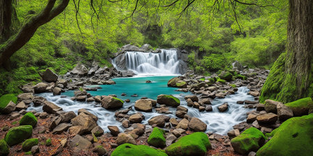 Beautiful waterfall in deep forest. Nature background. Panorama.の素材