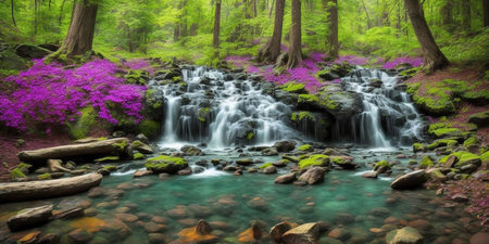 Beautiful spring forest waterfall with blooming rhododendron flowersの素材