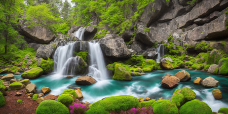 Beautiful waterfall in deep forest with green moss and rocks. Panoramaの素材