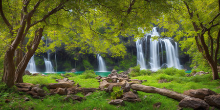 Beautiful waterfall in deep forest of Krka National Park, Croatiaの素材