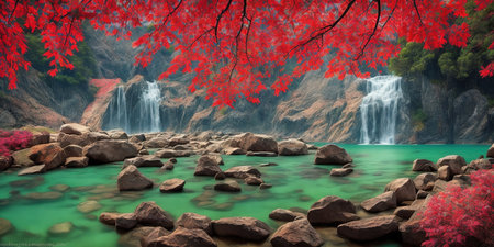 Waterfall in the autumn forest with red leaves, 3d renderの素材