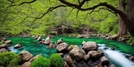 Green landscape with a river flowing through the forest. 3d renderingの素材