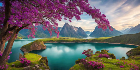 Panorama of beautiful lake with pink flowers and mountains in the backgroundの素材