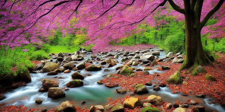 Cherry blossom forest and river in spring season. Nature backgroundの素材
