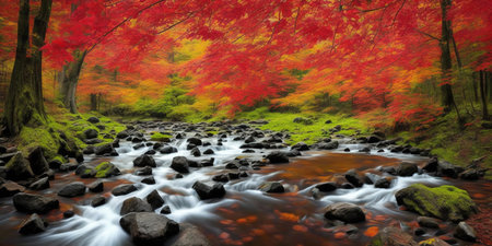 Autumn forest with mountain stream and colorful trees. Panoramic viewの素材