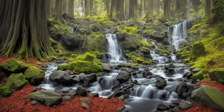 Beautiful waterfall in the forest with red moss on the stones.の素材