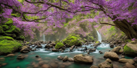 Long exposure of a waterfall flowing through a forest with pink flowers and stonesの素材